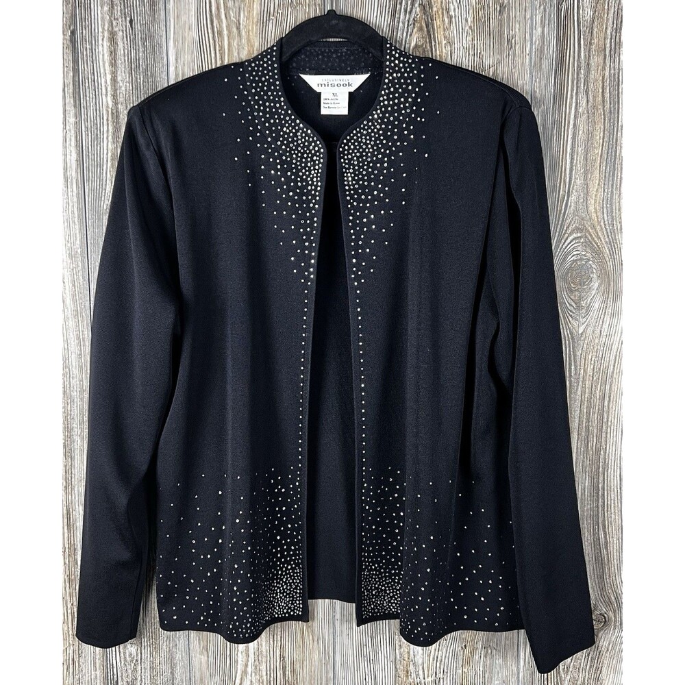 Misook Black Rhinestone-Embellished Open Front Cardigan